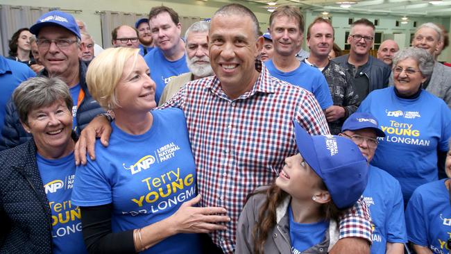 The LNP’s new Longman MP Terry Young with his family and supporters at Caboolture Show Grounds. Picture: AAP/Steve Pohlner