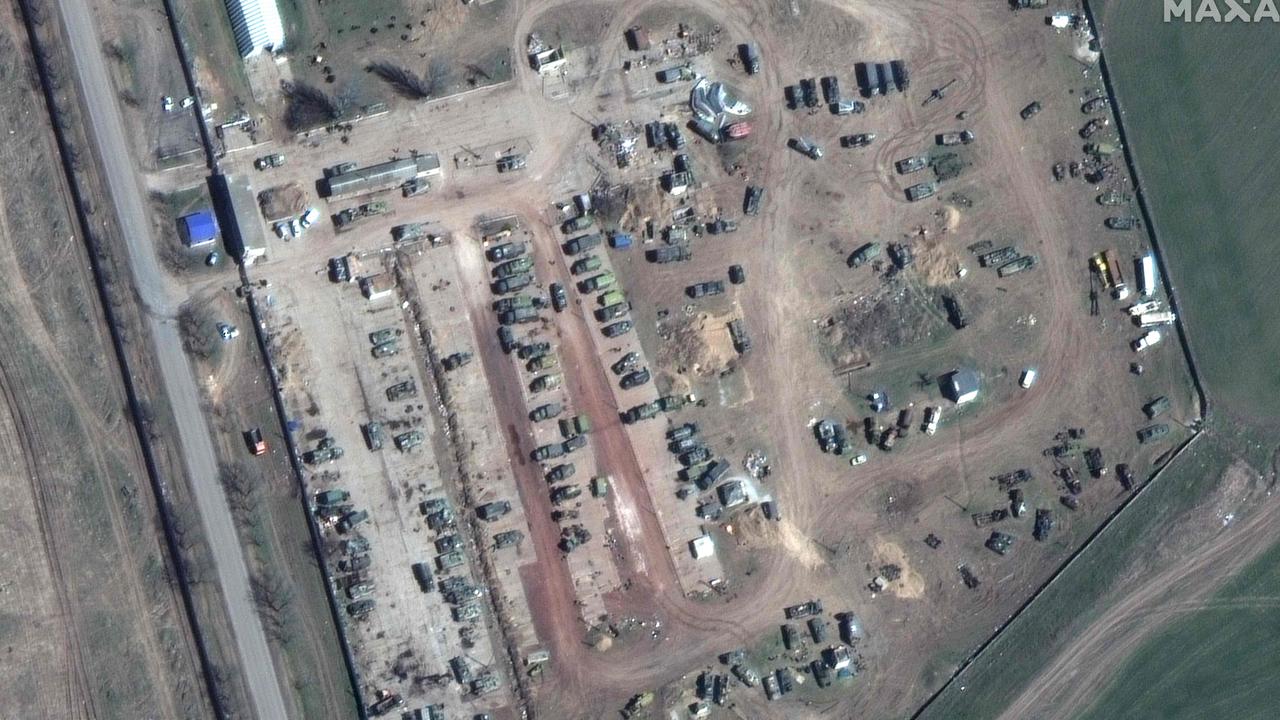 This satellite image shows a maintenance area for armoured vehicles and equipment near Kherson Airfield in Kherson, Ukraine. Picture: Maxar Technologies / AFP