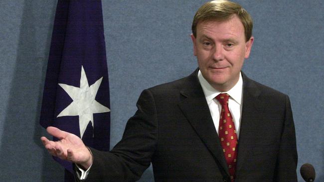 Peter Costello gestures during a press conference at Parliament House in Canberra in 2002. Picture: File