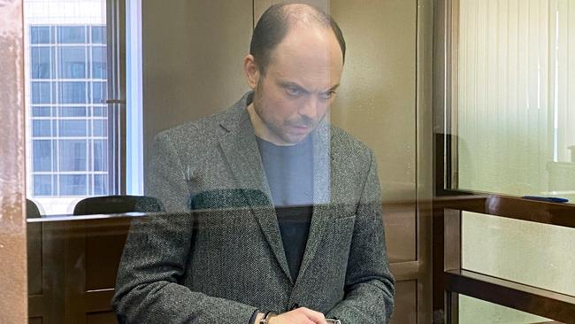 Russian opposition figure Vladimir Kara-Murza inside a defendants' cage during his sentencing in Moscow on Monday. Picture: AFP