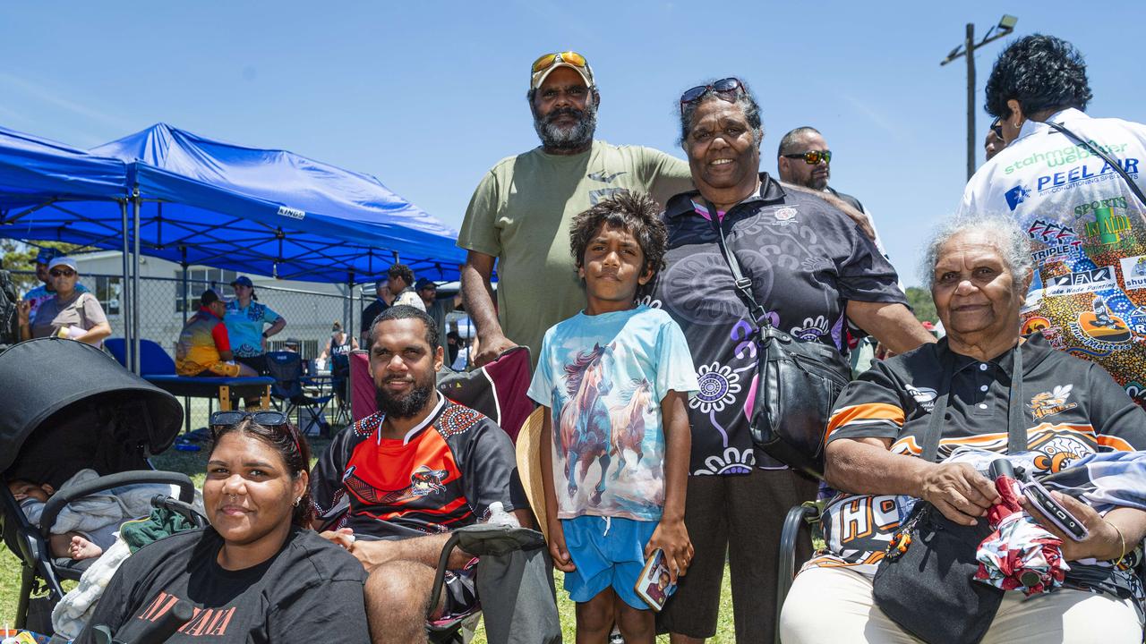 At the Warriors Reconciliation Carnival are (from left) Joniqua Cedric, Selwyn Dynevor, Shane Dynevor, Jarn Dynevor, Christine Dynevor and Rosetta Williams at Jack Martin Centre, Saturday, January 25, 2025. Picture: Kevin Farmer