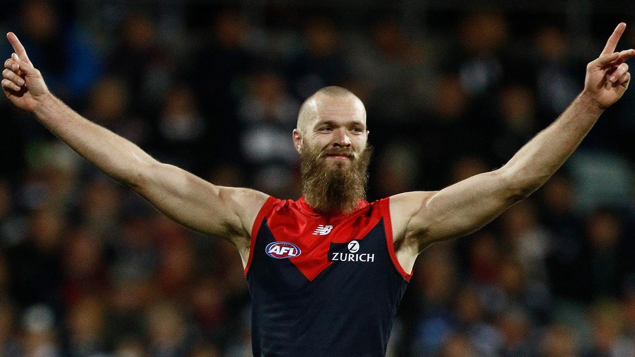 Max Gawn celebrates a goal against Geelong in Round 18.