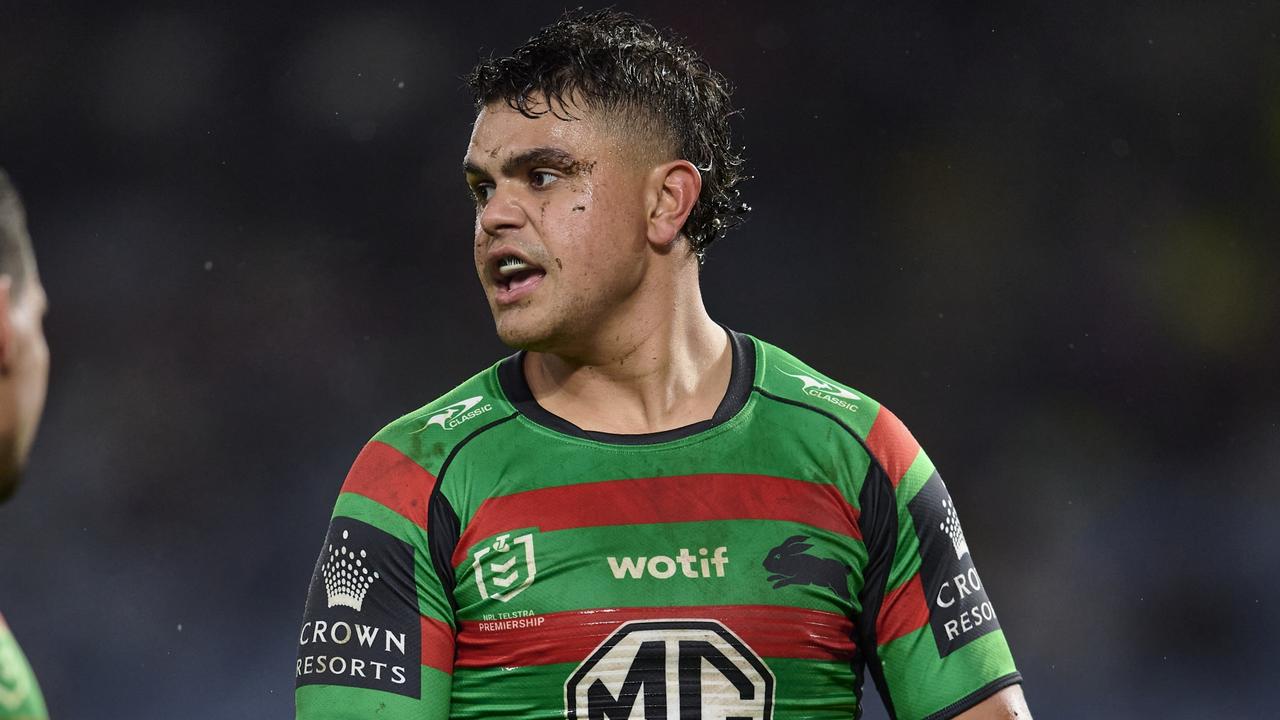 SYDNEY, AUSTRALIA - JULY 02: Latrell Mitchell of the Rabbitohs looks on during the round 16 NRL match between the South Sydney Rabbitohs and the Parramatta Eels at Stadium Australia, on July 02, 2022, in Sydney, Australia. (Photo by Brett Hemmings/Getty Images)