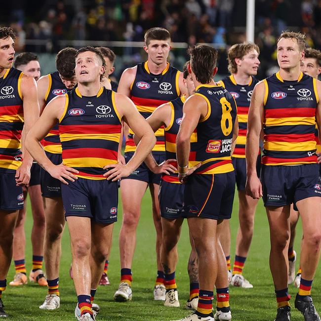 Adelaide players walk off after last year’s home loss to cellar-dweller Richmond. Picture: Sarah Reed/AFL Photos via Getty Images