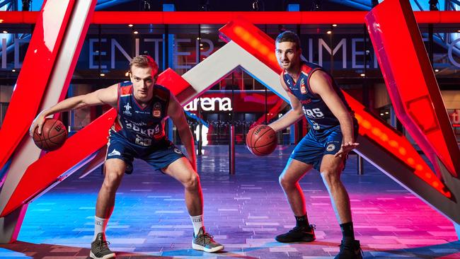 Adelaide 36ers Anthony Drmic and Jack McVeigh at the club’s new home - the Entertainment Centre - where they will play next season. Picture: Matt Loxton.