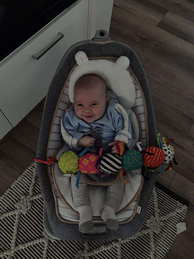 Navy Bellis, three months old. He loves the Wiggles. He kicks his legs out of excitement, he loves to smile at everything. And his favourite thing is to watch mummy eat; he wants food.