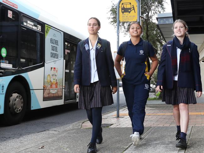 St Clare’s College Waverley students Grace Barker, Te Amohia McGlone and Amy McDiarmid. Picture: Richard Dobson