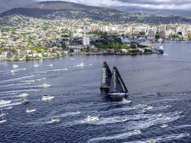 Andoo Comanche and LawConnect at the finish of the Sydney to Hobart last year. Picture: Rolex/Kurt Arrigo