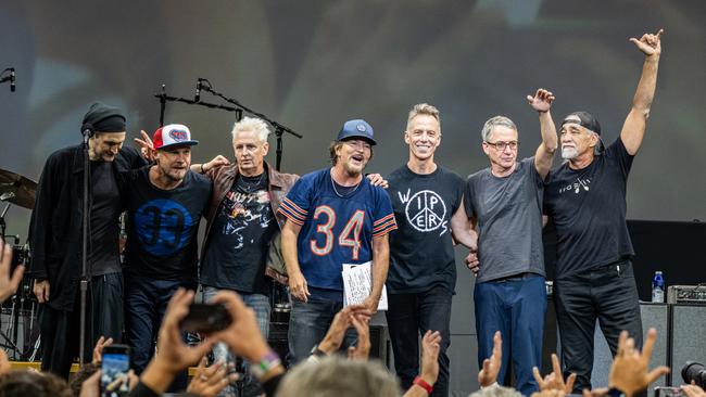 Pearl Jam prepare to take a bow after performing live on stage during the Dark Matter world tour at Madison Square Garden on September 03, 2024 in New York City. (Photo by Jim Bennett/Getty Images)