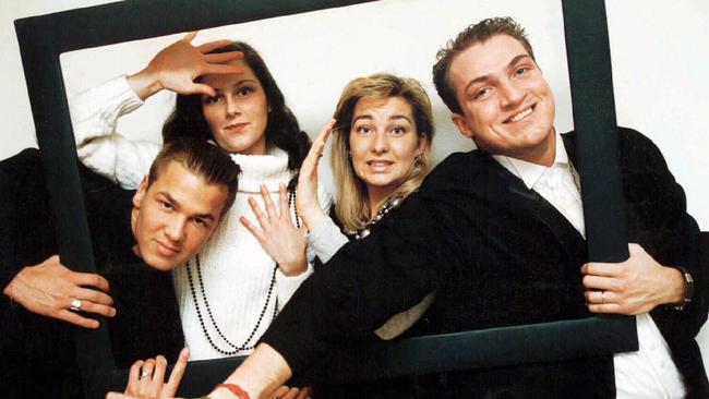 Ulf Ekberg, siblings Jenny, Malin and Jonas Berggren of Swedish pop group 'Ace of Base'.