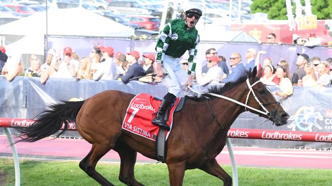 James McDonald lets out a roar as Via Sistina races away with the Cox Plate Picture: Vince Caligiuri