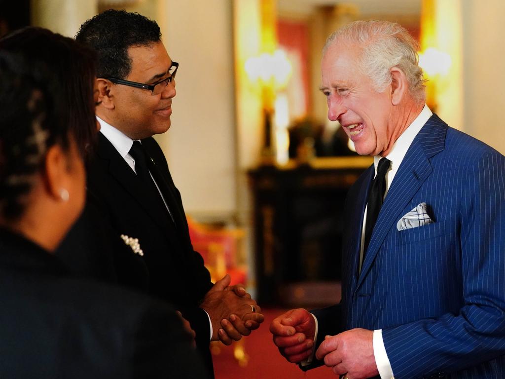 King Charles III during a reception with Realm High Commissioners and their spouses in the Bow Room at Buckingham Palace. Picture: Victoria Jones-WPA Pool/Getty Images