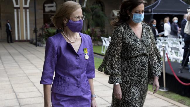 Incoming Governor of Queensland Dr Jeannette Young arrives at Parliament House with Queensland Premier Annastacia Palaszczuk. Picture: NewsWire/Sarah Marshall