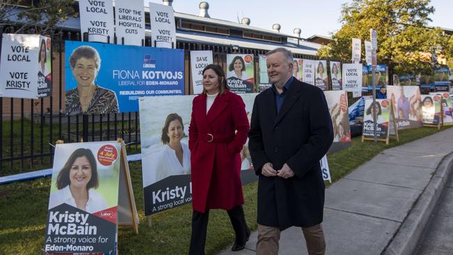 Labor candidate Kristy McBain and Labor leader Anthony Albanese at the 2020 Eden-Monaro by-election voting day at Merimbula Public School. Picture: Sean Davey.