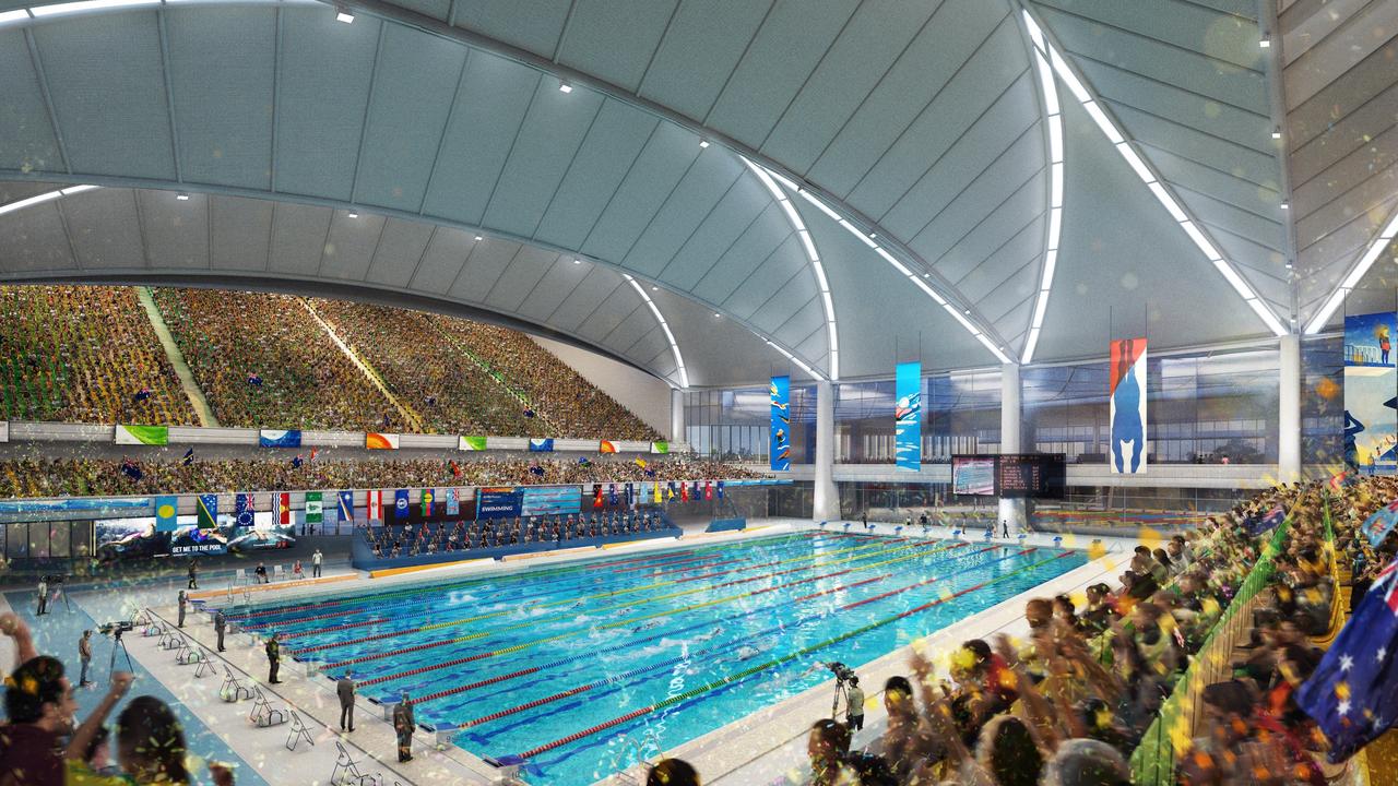 An artist’s impression of a National Aquatics Centre proposed for the Brisbane 2032 Olympic Games. Credit: Archipelago Architects.