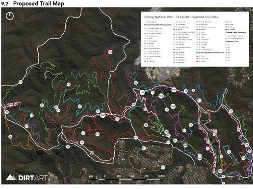 A map showing the trails at the Nerang Forest on the Gold Coast for cyclists and mountain bike enthusiasts.