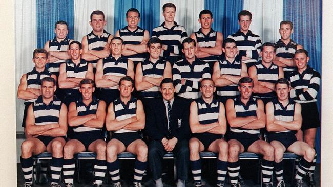 1963 Geelong premiership team. Back row (from left): Colin Rice, John Sharrock, John Watts, John Yeates, Geoff Rosenow (emergency), Roy West, Tony Polinelli. Middle (from left): Gordon Hynes, John Brown, Paul Vinar, Doug Wade, Ken Goodland, Peter Walker, Ian Scott, Hugh Routley. Front (from left): Graham “Polly” Farmer, Alistair Lord, John Devine, Bob Davis (coach), Fred Wooller (captain), Stewart Lord, Billy Goggin. Copy picture.