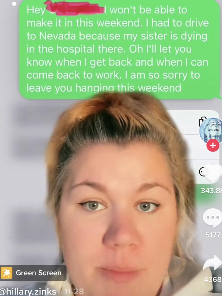 Hillary Zinks tells her boss about her dying sister. Picture: @hillary.zinks / TikTok