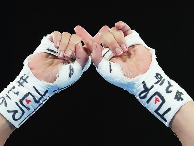 Esra Yildiz Kahraman crosses her fingers to make an X after defeat to Lin Yu-Ting. Picture: Getty Images