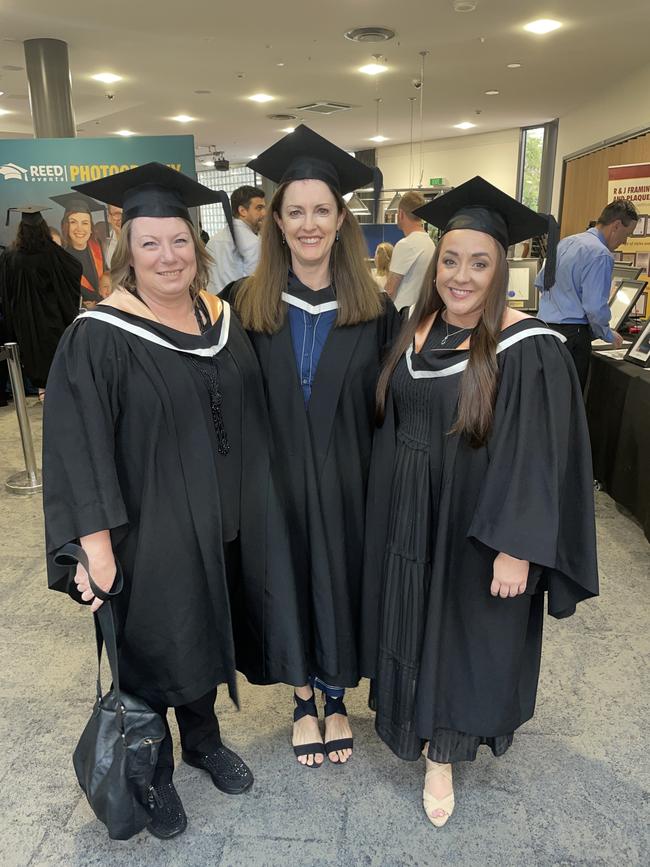 Bachelor of Nursing graduates: Stacey Byrnes, Kerry Monson and Rhiannon Stumpf at the Federation University Churchill Campus graduations on Tuesday, March 25, 2025. Picture: Jack Colantuono