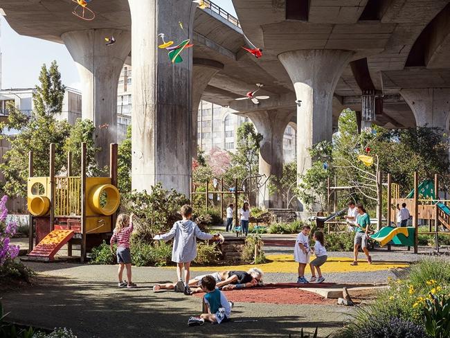 Did AI predict the dystopian future of the CBD park under the freeway? Picture: Supplied