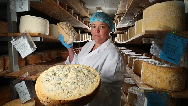 Cheese Co. Ceridwen Brown with a huge wheel of gorgonzola-inspired blue cheese. Picture: Alex Coppel