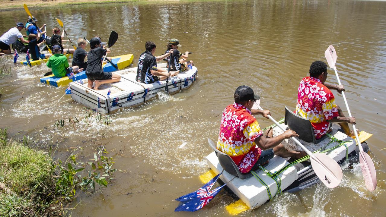 The start of the raft race during Oakey Australia Day celebrations in Arthur Shooter Park, Thursday, January 26, 2023. Picture: Kevin Farmer