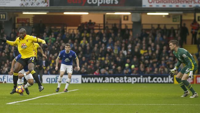 Watford's Stefano Okaka scores his side's first goal.