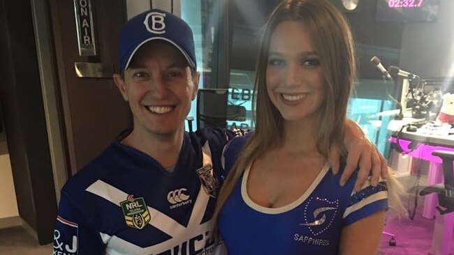 Yerbury during her cheerleading days with television personality Rove McManus. Picture: Facebook