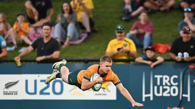 SUNSHINE COAST, AUSTRALIA - MAY 12: Will McCulloch of Australia scores a try during The Rugby Championship U20 Round 3 match between Australia and New Zealand at Sunshine Coast Stadium on May 12, 2024 in Sunshine Coast, Australia. (Photo by Albert Perez/Getty Images)