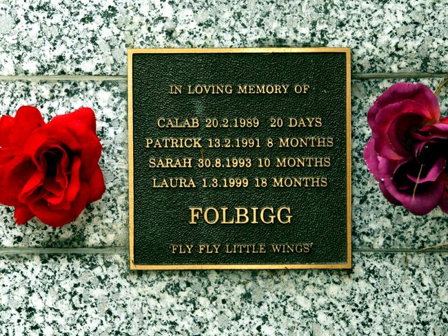 A plaque at the Anglican Church in Singleton, which holds ashes of the Folbigg children Caleb, Patrick, Sarah and Laura. Picture: Nathan Edwards