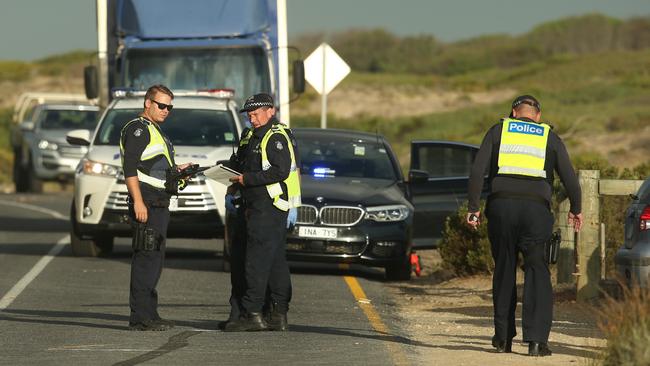 People believed to be connected with the O’Brien stable. Fatal crash at 13th Beach Road, Connewarre, early on Monday morning. Picture: Alan Barber