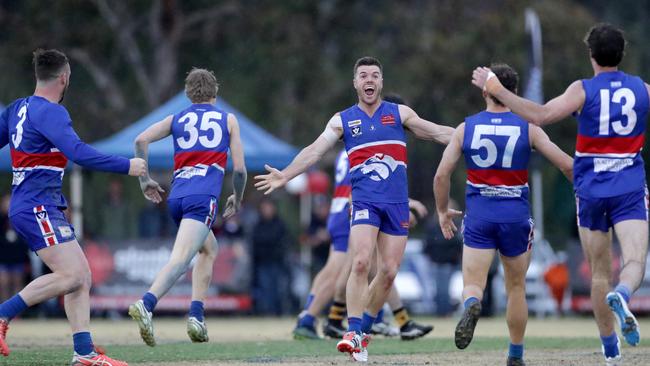 Wandin players celebrate at the final siren of last season’s AFL Yarra Ranges grand final