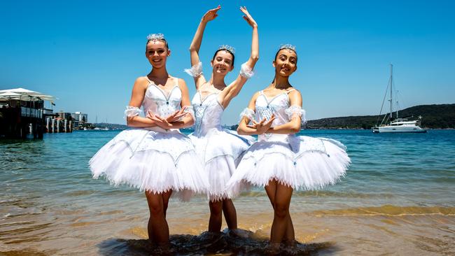 Nutcracker performers Emily Enright, Grace Frazer Sneddon and Lauren Peach at Manly Wharf. Picture: Monique Harmer