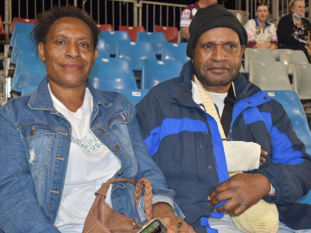 Penni Ikis (left) and Dixon Ikis at the Manly Sea Eagles v Sydney Roosters NRL semi final match at BB Print Stadium, Mackay, September 17, 2021. Picture: Matthew Forrest