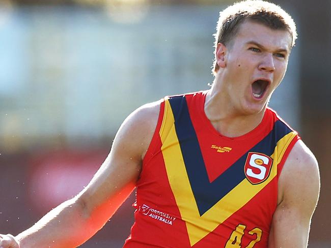 MELBOURNE, AUSTRALIA - JUNE 18: Tyler Welsh of South Australia celebrates kicking a goal during the 2023 AFL National Championships match between Vic Country and South Asutralia at Ikon Park on June 18, 2023 in Melbourne, Australia. (Photo by Graham Denholm/AFL Photos via Getty Images)