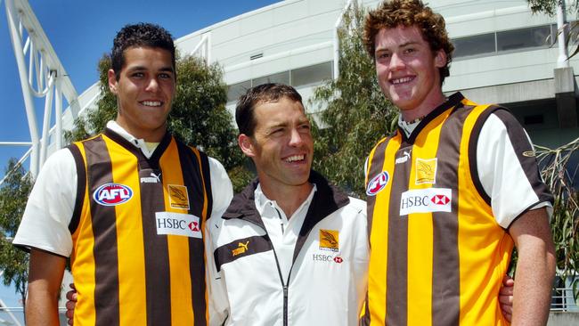 Hawthorn coach Alistair Clarkson with his first two draft picks, Jarryd Roughead and Lance Franklin.