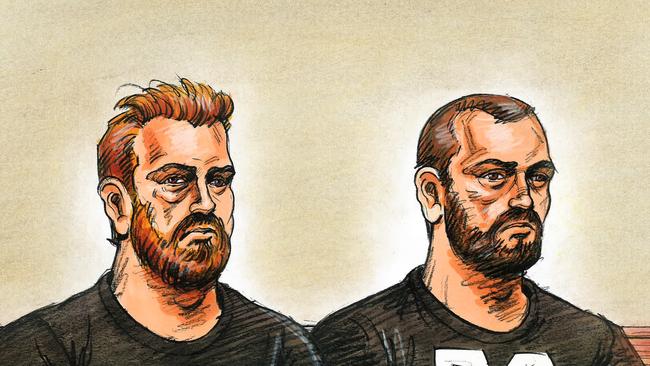 A sketch of co-accused Matthew Raoul White, 39, and Jack Gibson-Burrell, 21, from an earlier bail application. Credit: Paul Tyquin