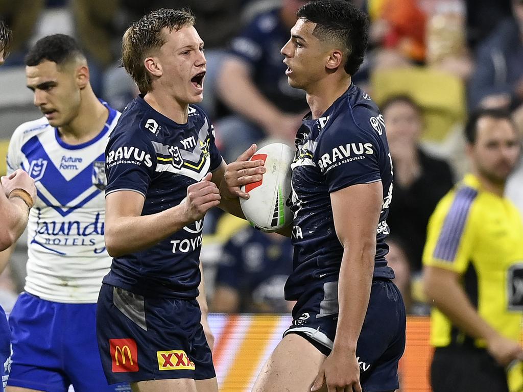 Heilum Luki celebrates after scoring a try. Picture: Ian Hitchcock/Getty Images