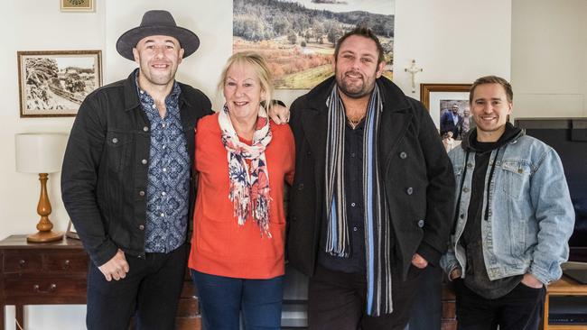 The Wolfe Brothers, Brodie Rainbird (right) with Nick Wolfe (left), Tom Wolfe and their mother Leigh, at home on their family farm in Neika, near Hobart. Picture: Chris Crerar