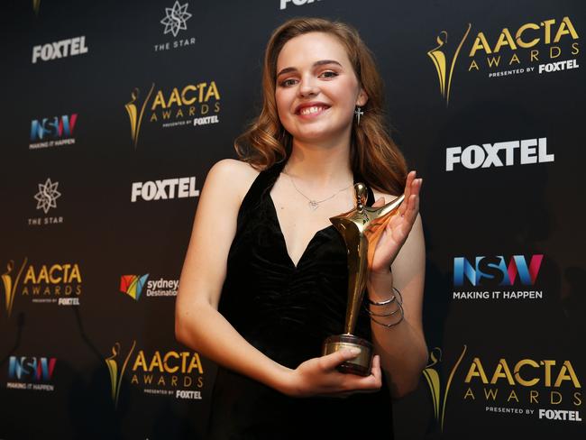 Odessa Young poses in the media room after winning the AACTA Award for Best Lead Actress. Picture: Caroline McCredie/Getty