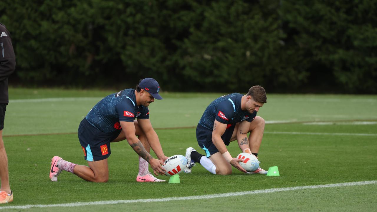 The Daily Telegraph 20.6.2024 Zac Lomax, Mitchell Moses, Jerome Luai and Latrell Mitchell do extra kicking practice, Westpac NSW State of Origin Blues train camp in the Blue Mountains. Picture Rohan: Kelly