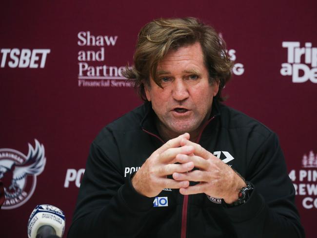 SYDNEY, AUSTRALIA - NCA NewsWire Photos - July 26, 2022: Manly Sea Eagles Coach Des Hasler addresses the media ina  press conference in Sydney. Manly has been plunged into chaos with a host of players considering pulling out of Thursday nightâs clash against the Sydney Roosters because of the clubâs inclusive jersey.Picture: NCA Newswire / Gaye Gerard