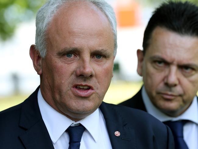 Senators John Madigan, left, and Nick Xenophon at a press conference on the sale of VDL Co. at Parliament House lawns in Hobart. Picture: SAM ROSEWARNE