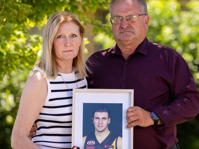 Paul and Lyn Callinan in Gladstone Park are speaking out after their 21-year-old son, Steven, took his own life following a drug and alcohol bender post a footy game in Torquay. Picture: Jason Edwards