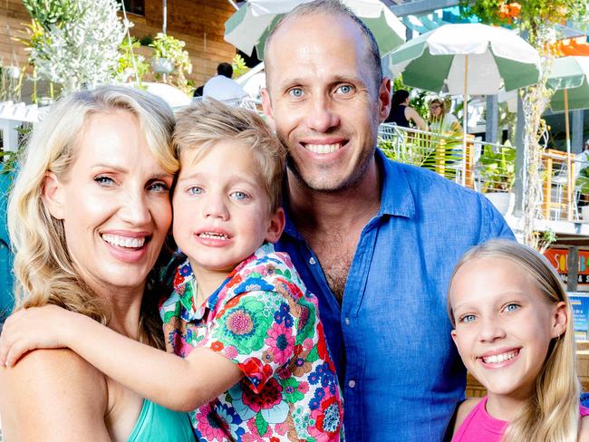 Emily Jade O'Keeffe with Gerard Murtagh, four-year-old Teddy and eleven-year-old Millie at South Bank Brisbane to promote 'The Royal Caribbean Beach Club', Friday, April 14, 2023 - Picture: Richard Walker