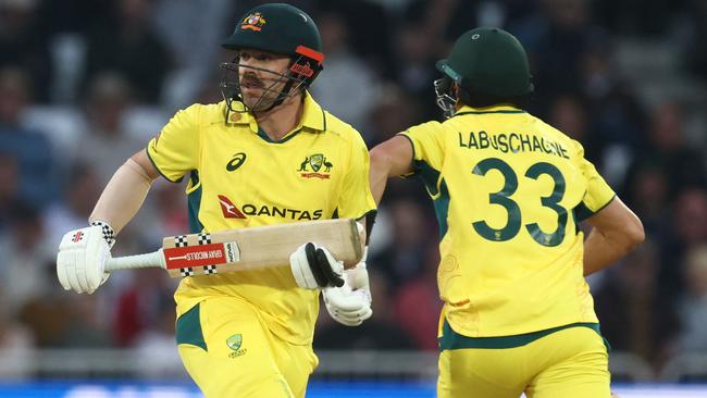 Australia's Travis Head and Marnus Labuschagne take a run during the one-day international against England at Trent Bridge. Picture: AFP