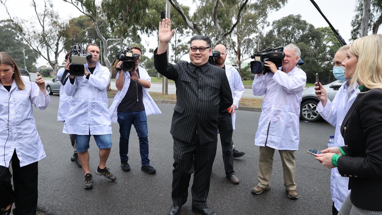 ’Kim Jong-un’ with media outside the tech manufacturer hub. Picture: Jason Edwards