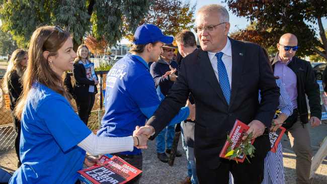 Prime Minister Scott Morrison campaigning on Election day in the seat of McEwen with Liberal candidate Richard Welch. Picture: Jason Edwards