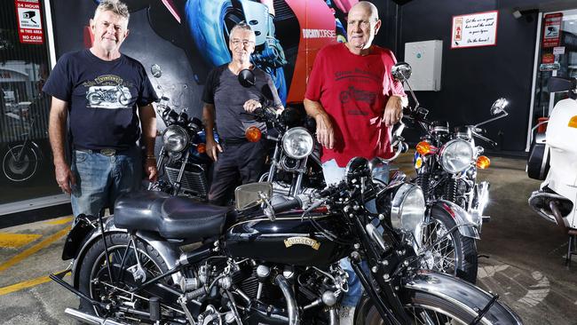 Cairns Motorcycle Restorers Club will host their annual classic motorcycle meet at AMX Motorcycles this Saturday. Cairns Motorcycle Restorers Club members Danny Walker, Kev Firth and Paul Bennett will be displaying their classic rides, as well as machines owned by other club members. Picture: Brendan Radke